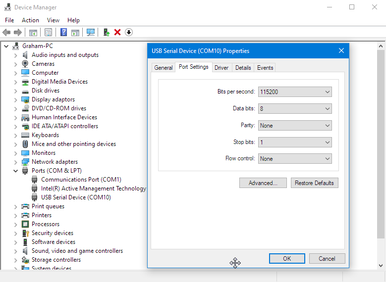 USB com port setting